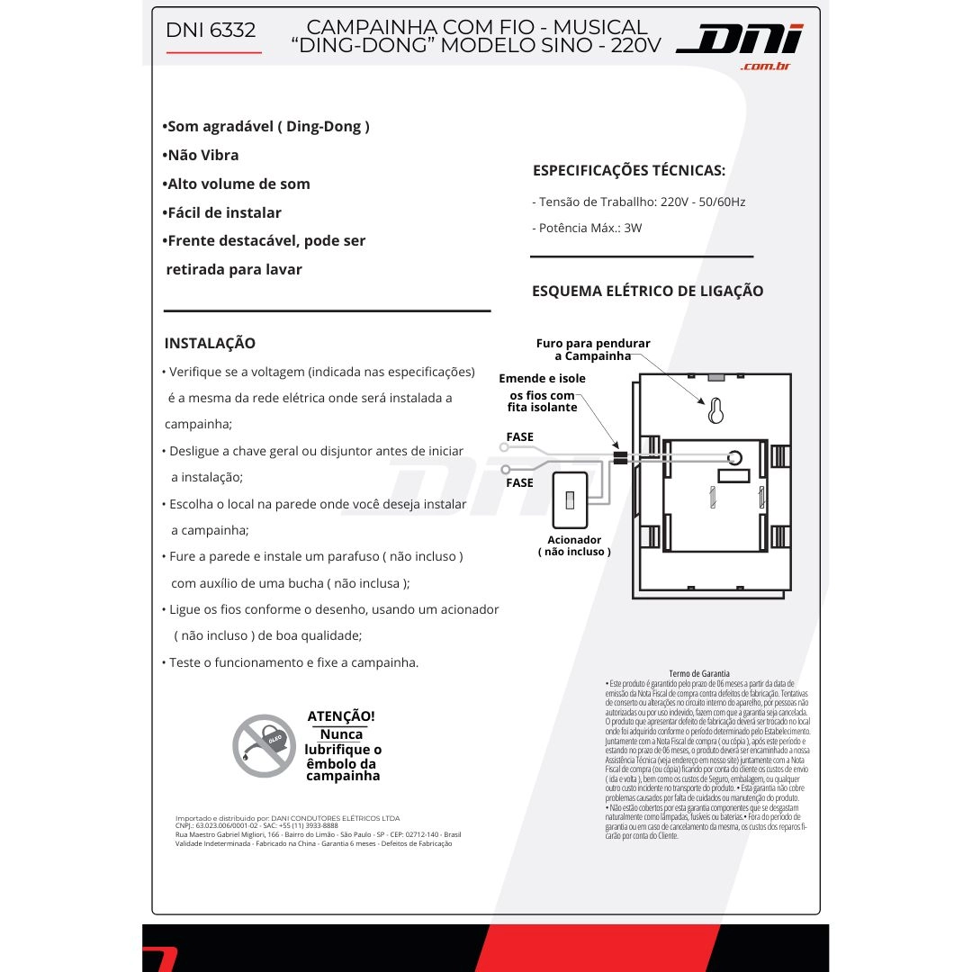 Campainha Musical Ding Dong 220V Branco Com Fio P/ Porta Campainha Musical Ding Dong 220V Branco Com Fio P/ Porta