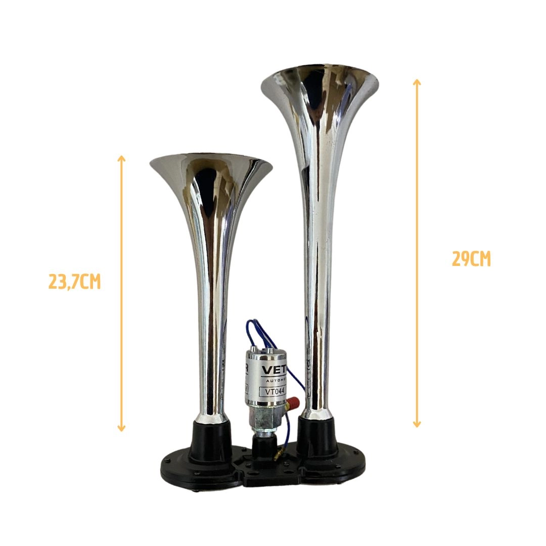 Buzina Ar Corneta Dupla Caminhão Cromada Com Válvula Solenoide Buzina Ar 2 Corneta 24v