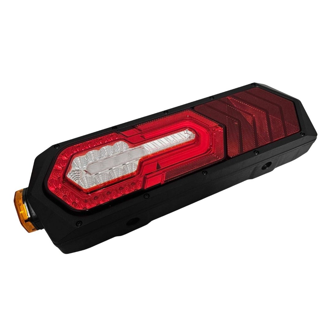 Lanterna Traseira LED 24V Com Guia de Luz e Posição Dupla Lado Esquerdo Fixação Superior Caminhão Carreta Sinalsul