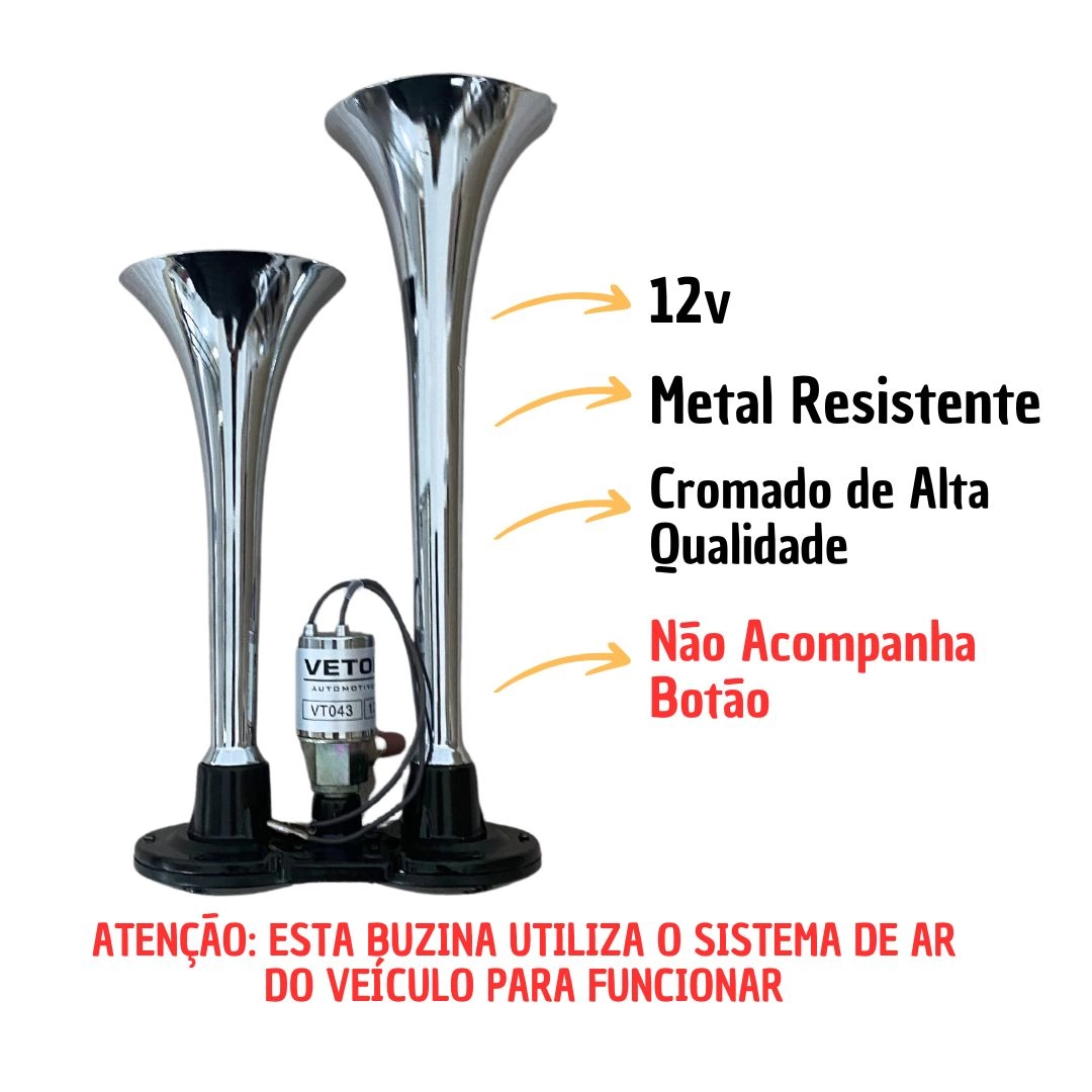  Buzina Corneta Dupla Cromada a Ar Com Válvula Elétrica Para Carro Universal 12V Vetor VT043