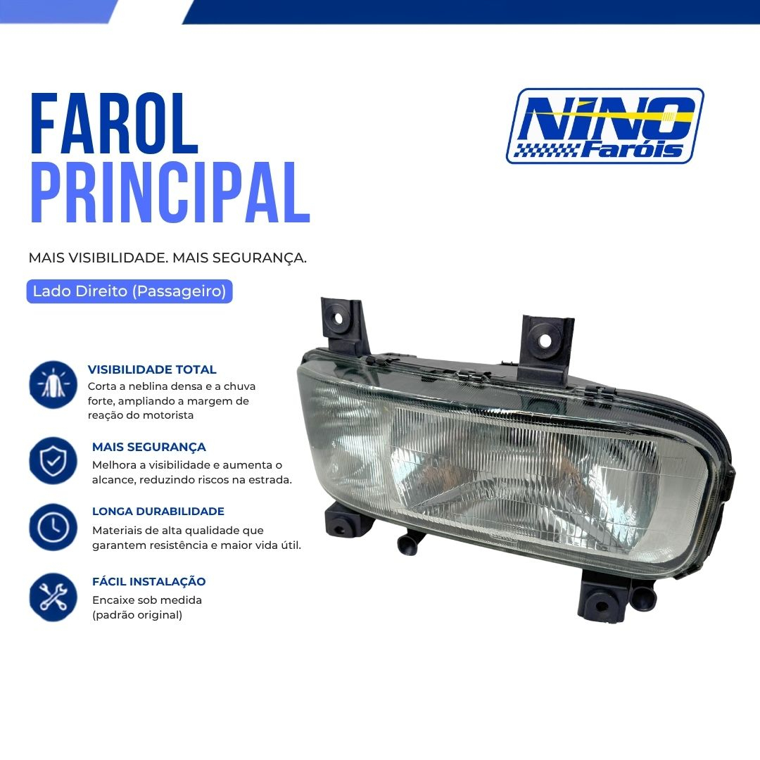 Farol Principal Lado Direito Com Auxiliar de Neblina Mercedes Benz MB Atego 1315 1418 1718 1725 2425 2428 Ano 2006 a 2011