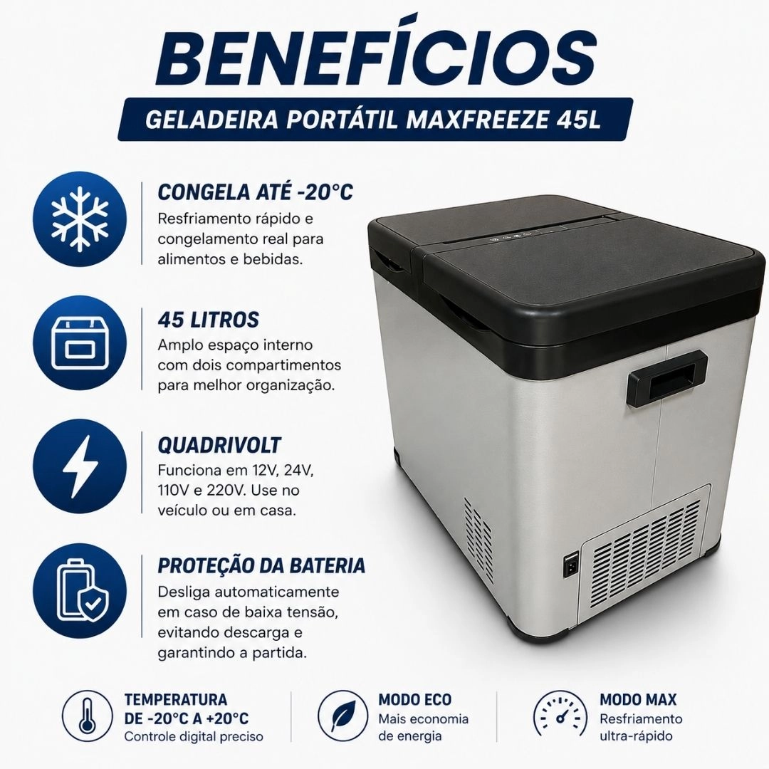 Geladeira Portátil 45 Litros 12/24V 110/220v Duas Portas Caminhão Carro Motor Home Ônibus Maxfreeze Geladeira Portátil 45 Litros 12/24V 110/220v Duas Portas Caminhão Carro Motor Home Ônibus Maxfreeze
