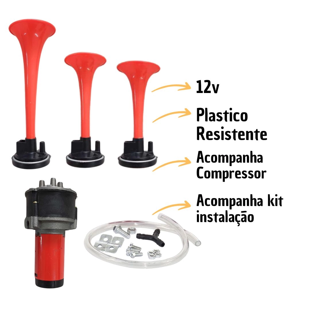 Buzina Ar Elétrica Com Compressor 3 Cornetas 12V Verdureiro