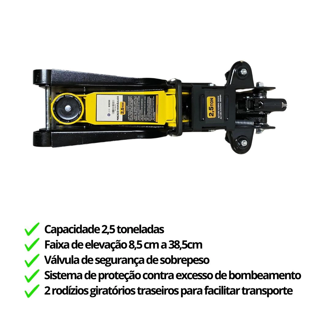 Macaco Hidráulico Tipo Jacarezinho Para Carro Rebaixado 2,5 Toneladas Preto Elevação Máxima 38,5 Cm