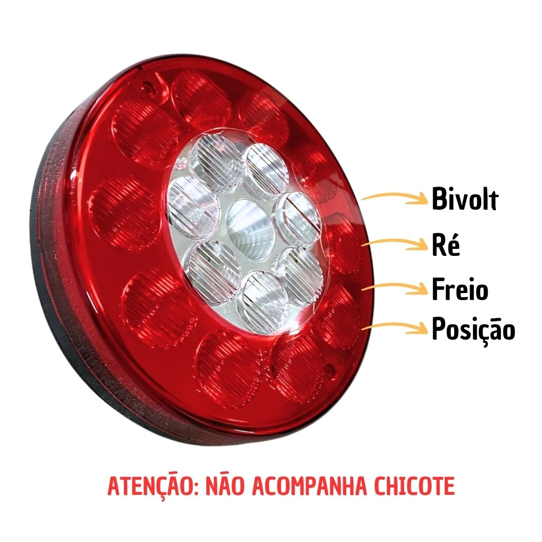 Lanterna Traseira LED Redonda Bivolt 135mm 4 Vias Posição Freio Ré Universal Caminhão Carreta Sinal Sul