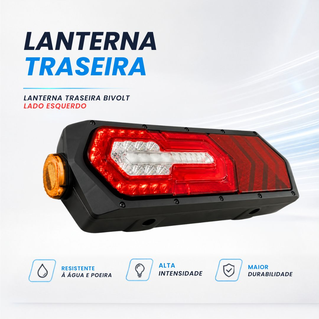 Lanterna Traseira LED Bivolt 12V 24V Com Guia de Luz e Seta Sequencial Lado Esquerdo Para Caminhões Carretas e Implemento Lanterna Traseira LED Bivolt 12V 24V Com Guia de Luz e Seta Sequencial Lado Esquerdo Para Caminhões Carretas e Implemento