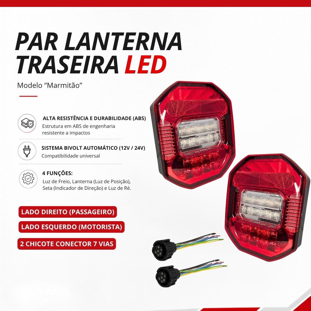 Kit Par Lanterna Traseira Marmitão Marmita LED Bivolt 12V 24V Universal Ford Cargo VW Constellation Delivery Worker Jeep Kit Par Lanterna Traseira Marmitão Marmita LED Bivolt 12V 24V Universal Ford Cargo VW Constellation Delivery Worker Jeep