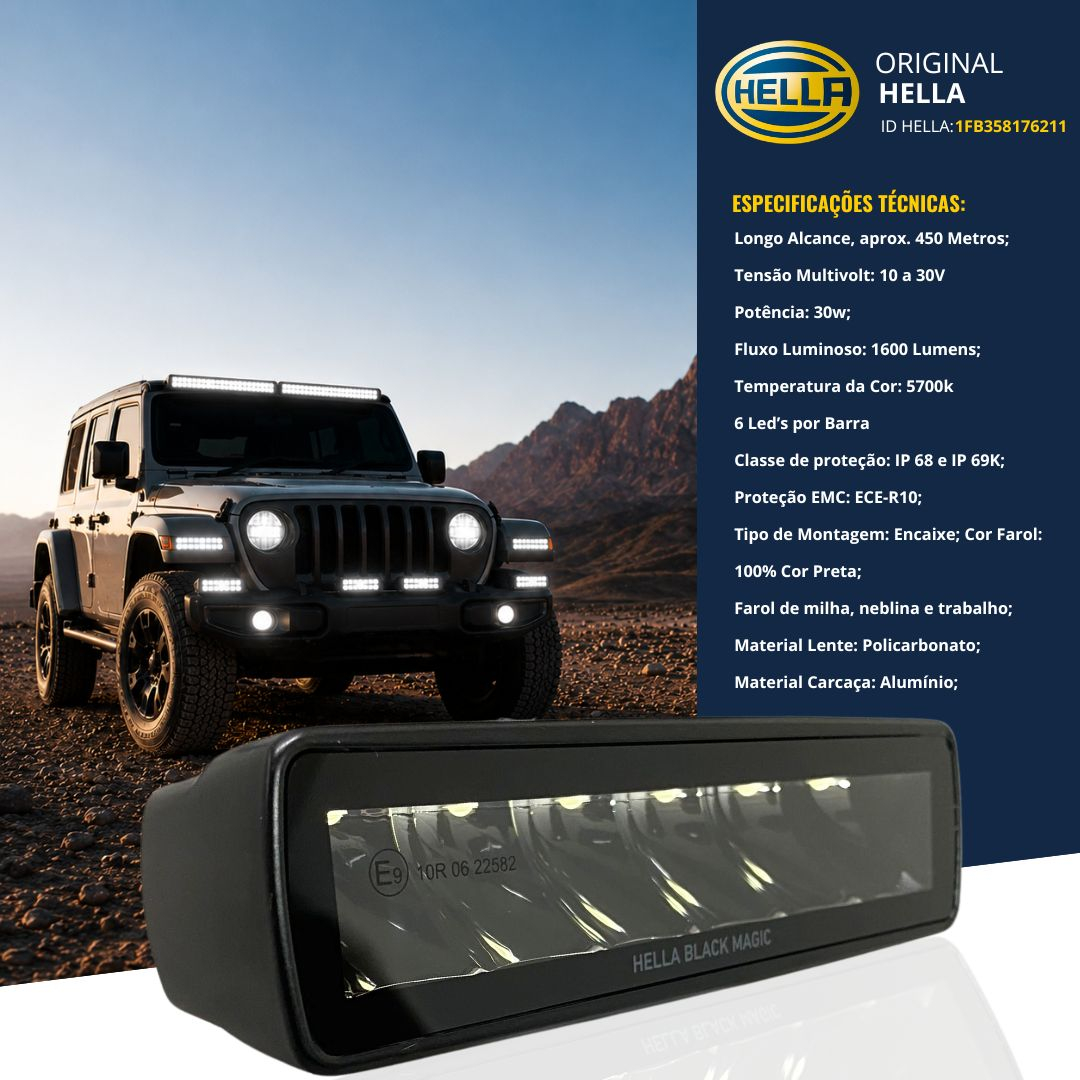 Par Farol Auxiliar Barra Led Longo Alcance Black Magic Spot Quadriciclo Jeep Utv Hella 1FB358176211 Par Farol Auxiliar Barra Led Longo Alcance Black Magic Spot Quadriciclo Jeep Utv Hella 1FB358176211