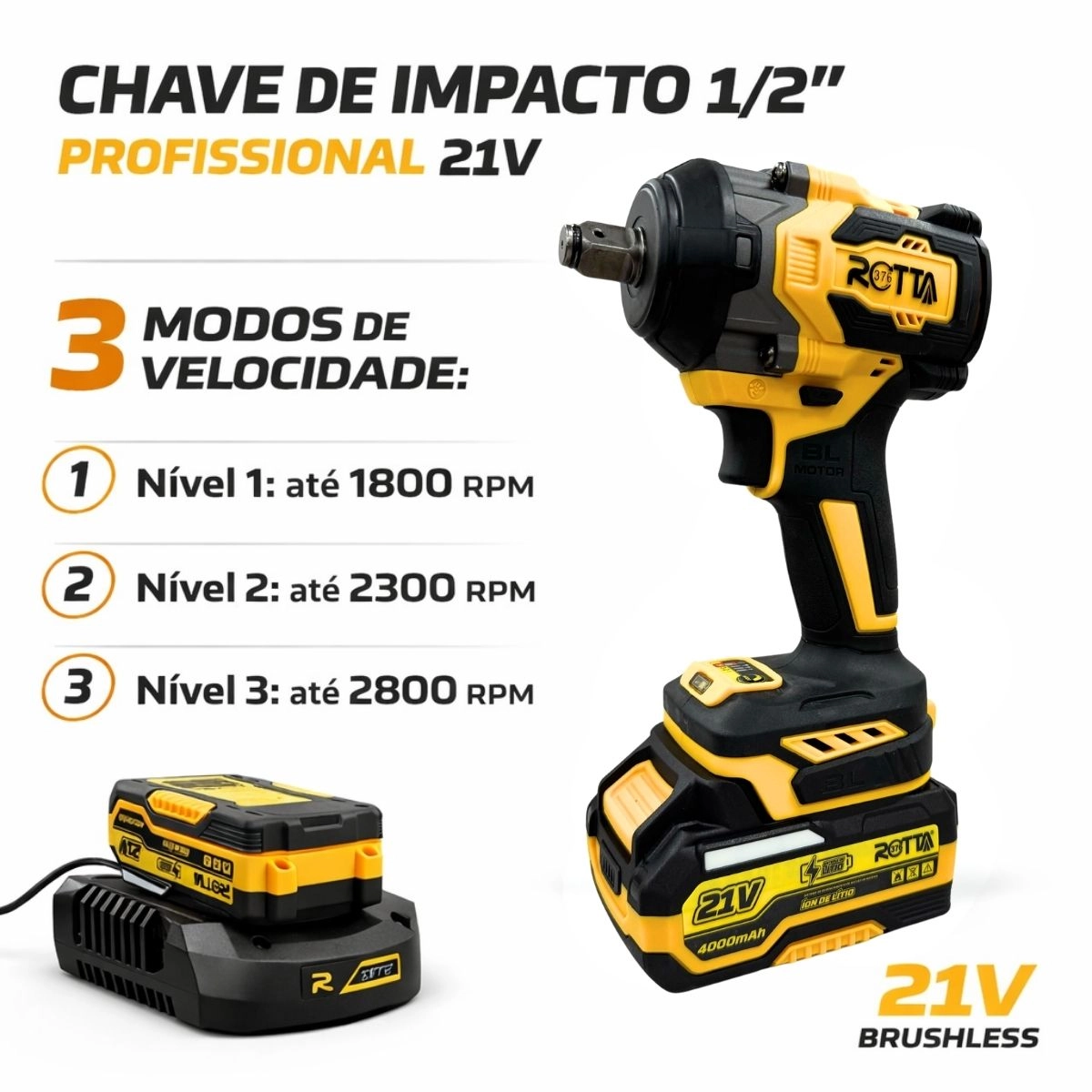 Parafusadeira Mini Chave De Impacto A Bateria 21V 1/2" 4000mAh Bivolt Motor Brushless Com Maleta
