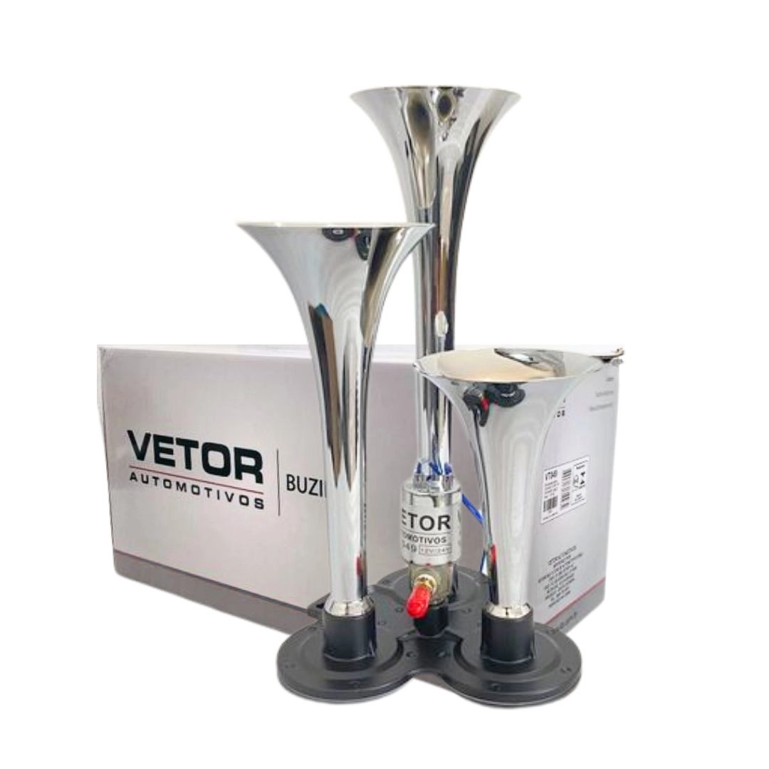 Buzina a Ar para Carro Barco e Caminhão 12v 24v Universal 3 Cornetas Cromada Buzina a Ar para Carro Barco e Caminhão 12v 24v Universal 3 Cornetas Cromada