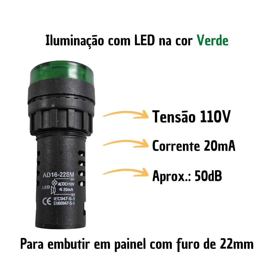 Alarme Sonoro Buzzer Sinaleiro LED Verde 22mm 110V DNI