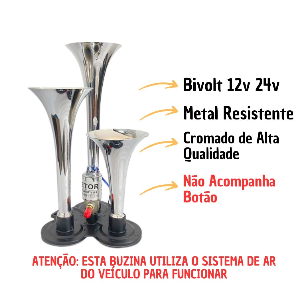 Buzina 3 Cornetas Cromada a Ar Marítima Para Caminhão 12V/24V Buzina Tripla Ar Marítima