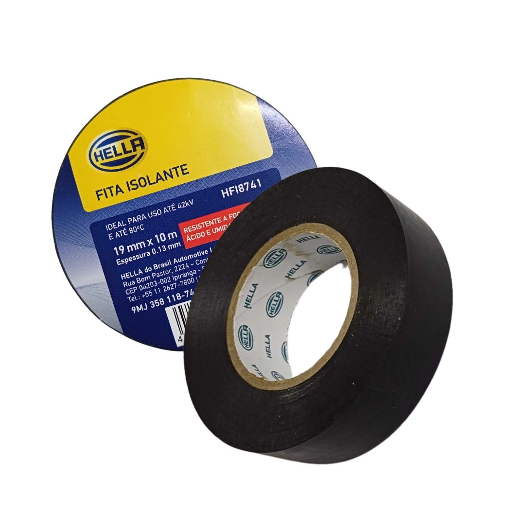 Fita Isolante Automotiva Preta 10 Metros 19mm Antichama Alta Isolação Até 42Kv Resistência Térmica 80°C Fita Isolante Automotiva Preta 10 Metros 19mm Antichama Alta Isolação Até 42Kv Resistência Térmica 80°C