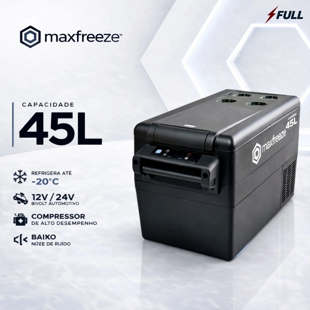Geladeira Portátil Preta 45 Litros Freezer 12v/24v 110v/220v Caminhão Ônibus Van Carro Bluetooth Maxfreeze Geladeira Portátil Preta 45 Litros Freezer 12v/24v 110v/220v Caminhão Ônibus Van Carro Bluetooth Maxfreeze