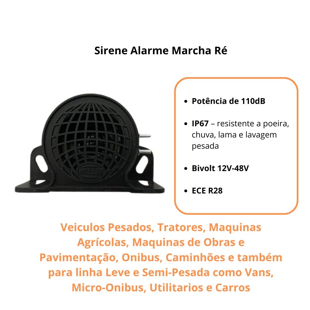Sirene Alarme Marcha Ré Universal Multivolt 9v a 48v Sirene Ré Original Hella Caminhão Van Ônibus Trator
