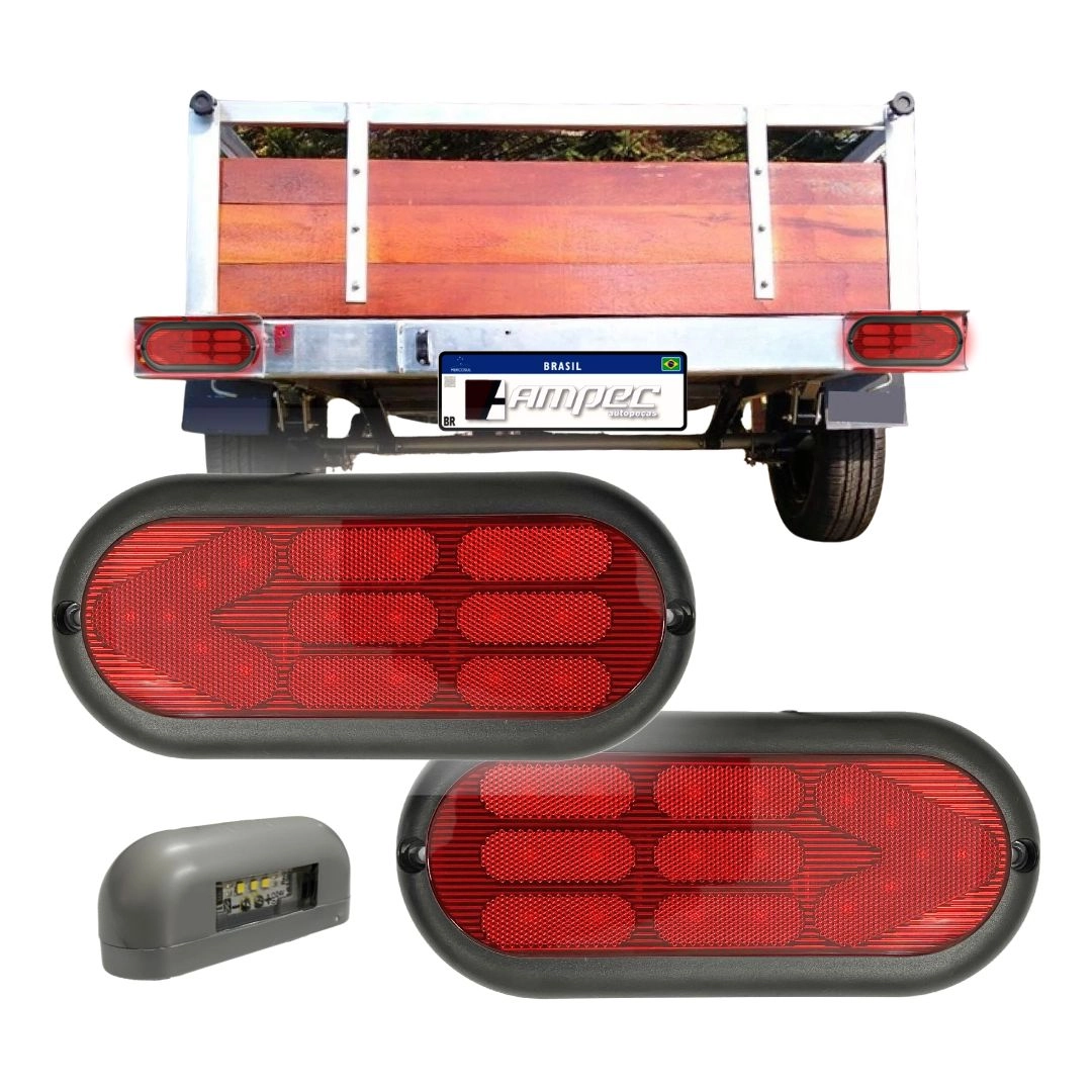Kit Lanterna Traseira Carretinha Led Vermelha + Luz de Placa