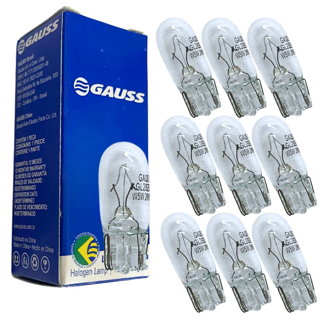 Kit 10 Lâmpadas Gauss Esmagada Miniatura Incolor w5w 24v 5w