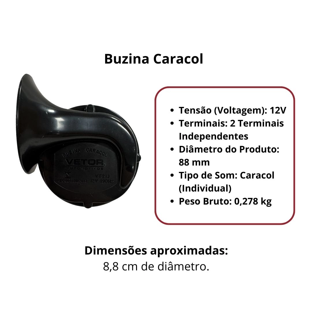 Buzina Caracol 12v 2 Terminais Som Forte Carro Moto Caminhão Universal Com Suporte VT213