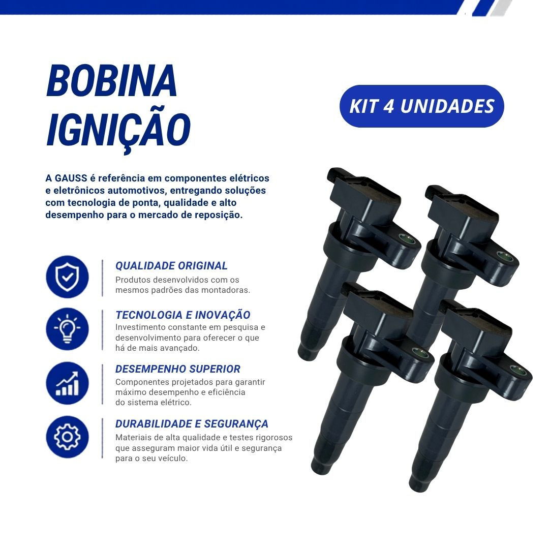 Kit 4 Bobinas de Ignição Tipo Caneta 12V 2 Pinos Para Hyundai Sonata 2.4 3.3 Kia Magentis 2.0 e Azera Sorento Gauss Kit 4 Bobinas de Ignição Tipo Caneta 12V 2 Pinos Para Hyundai Sonata 2.4 3.3 Kia Magentis 2.0 e Azera Sorento Gauss