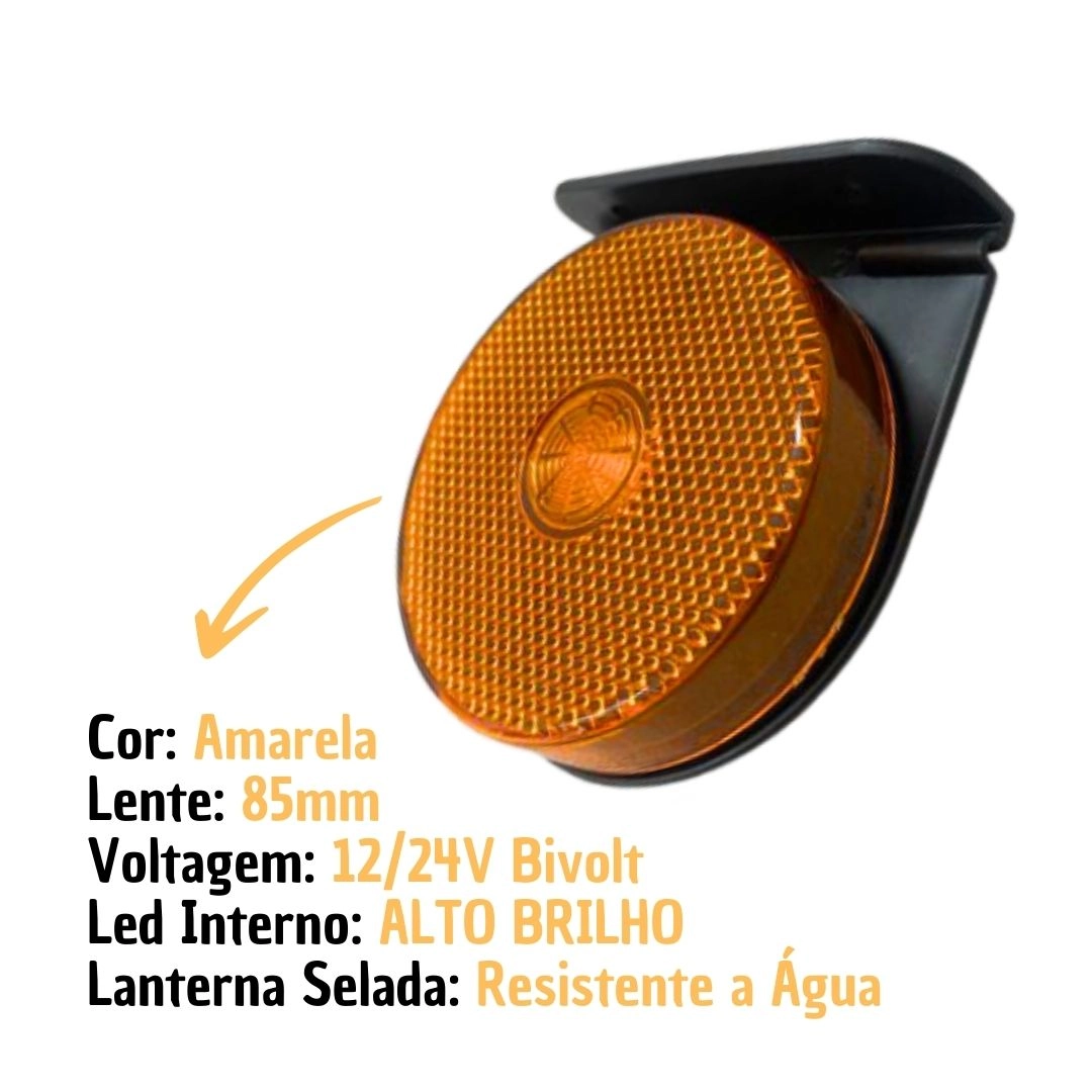 Lanterna Lateral LED Para Carreta Caminhão Trailer Reboque Com Suporte Amarela G 85mm