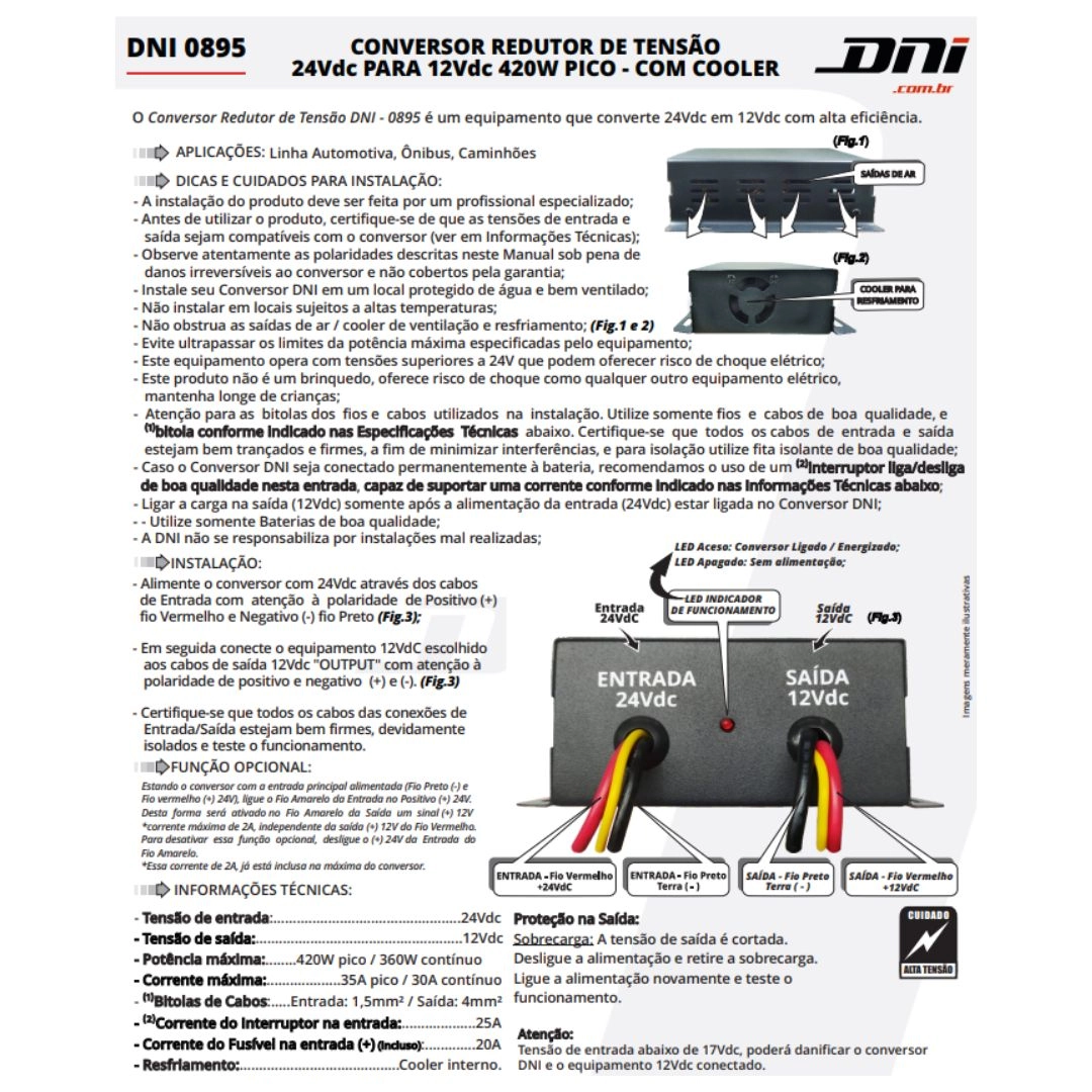 Conversor Inversor Tensão 24V para 12V 420W Pico Com Cooler