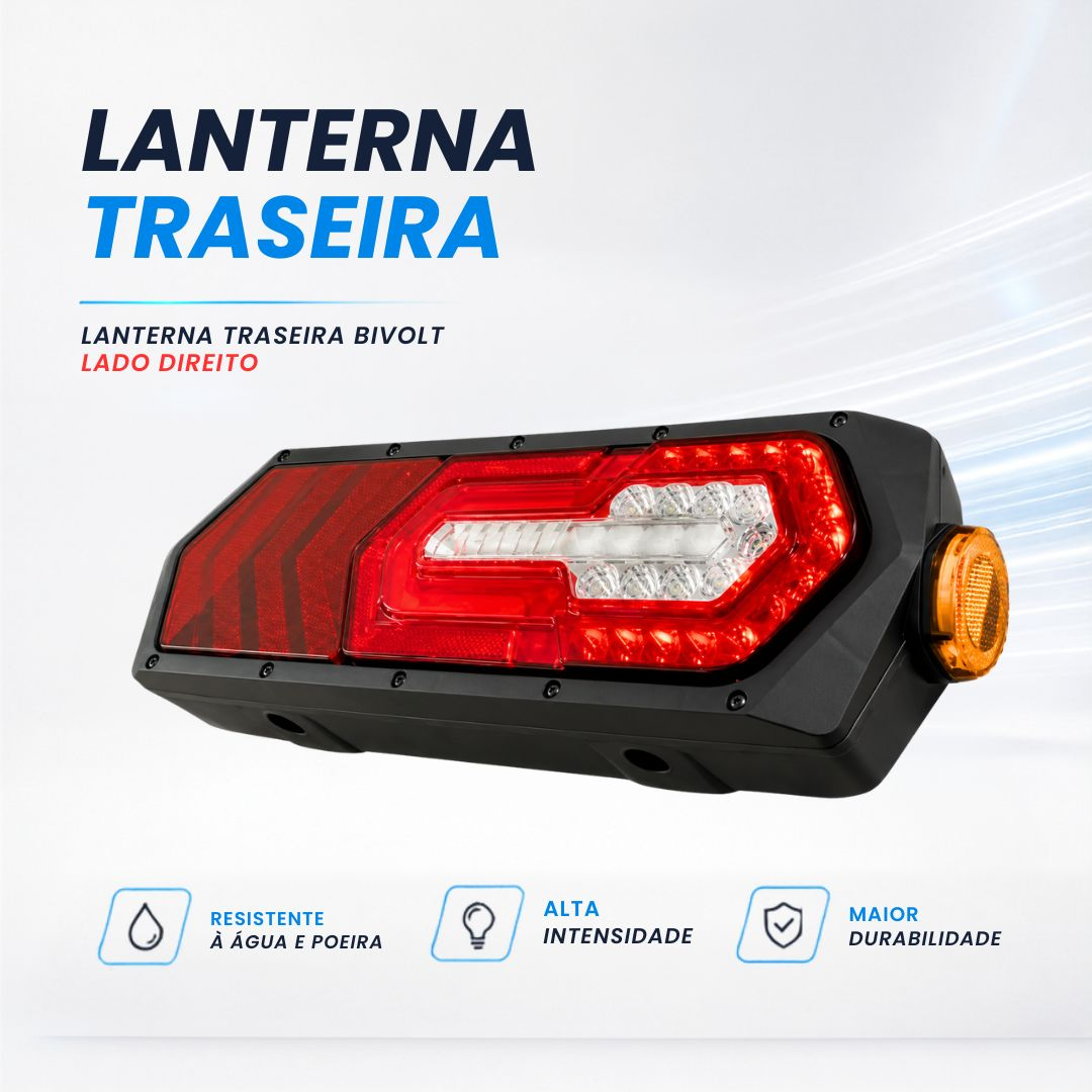 Lanterna Traseira LED Bivolt 12V 24V Com Guia de Luz Lado Direito Para Caminhões Carretas e Implementos Rodoviários
