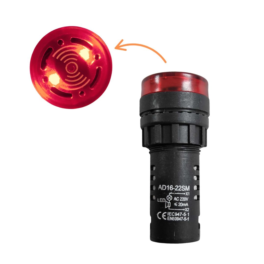 Alarme Sonoro Buzzer Sinaleiro LED Vermelho 22mm 220V DNI