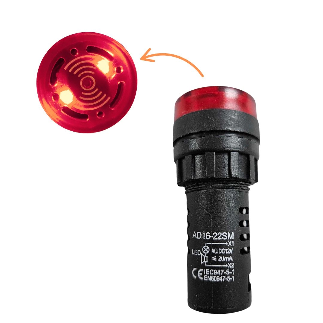 Alarme Sonoro Buzzer Sinaleiro LED Vermelho 22mm 24Vdc