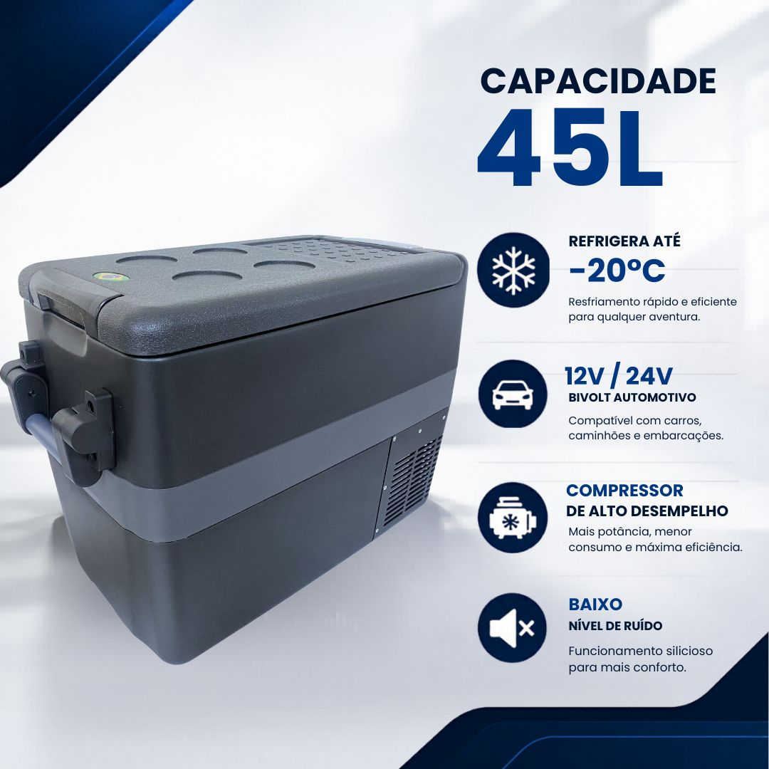 Mini Geladeira Portátil 45 Litros 12V/24V 110v/220v Caminhão Ônibus Van Freezer Camping Barco Lancha Pesca