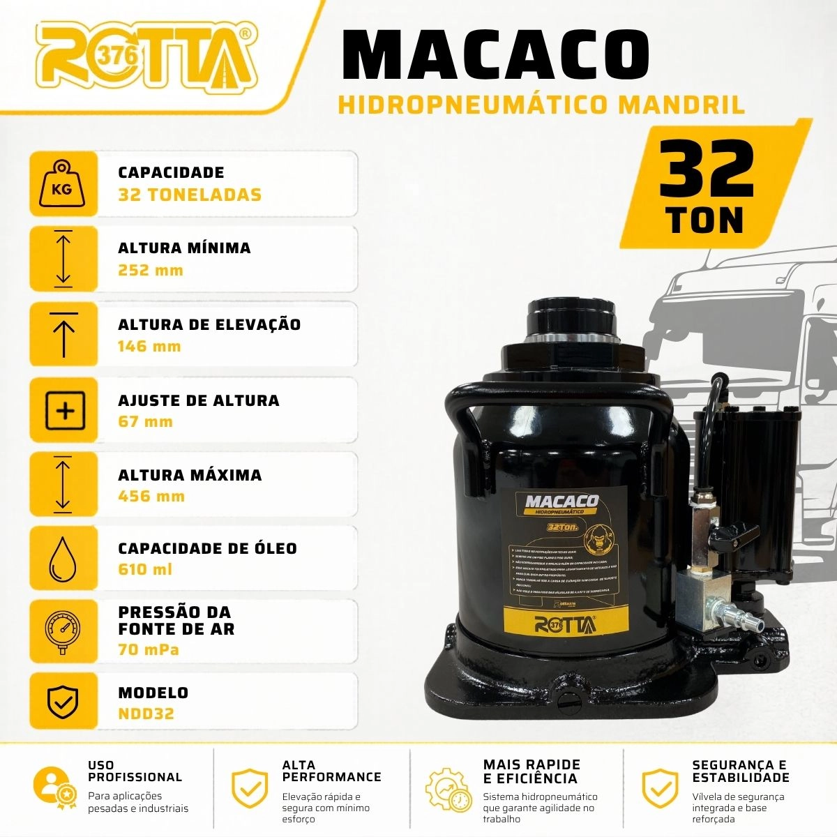 Macaco Hidropneumático Mandril 32 Ton Altura 250mm Para Caminhões Onibus Tratores Rotta376 Macaco Hidropneumático Mandril 32 Ton Altura 250mm Para Caminhões Onibus Tratores Rotta376
