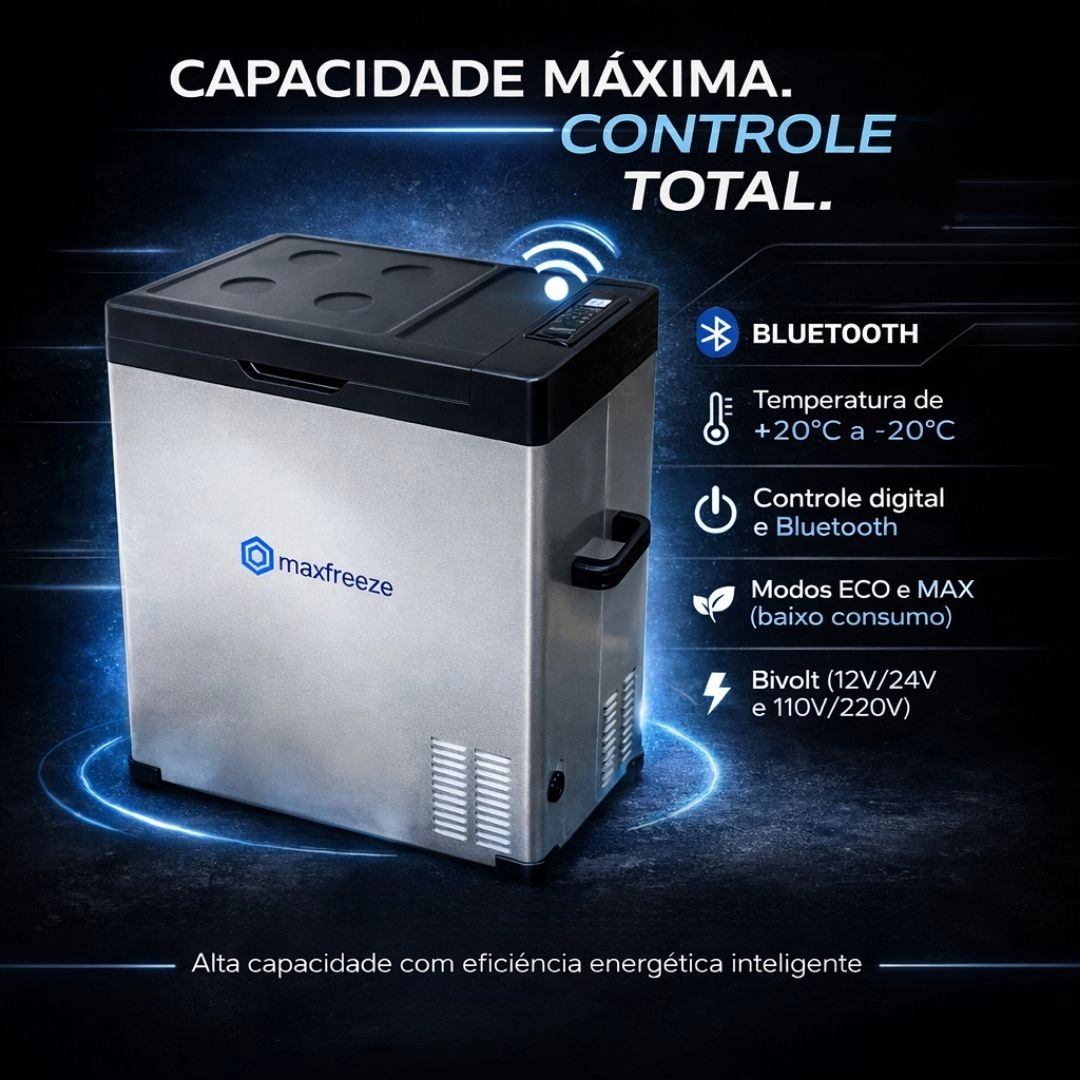 Geladeira Portátil Cinza 75 Litros Freezer 12v/24v 110v/220v Caminhão Ônibus Van Carro Bluetooth Maxfreeze Geladeira Portátil Cinza 75 Litros Freezer 12v/24v 110v/220v Caminhão Ônibus Van Carro Bluetooth Maxfreeze