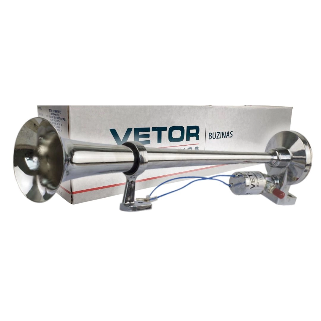 Buzina 1 Corneta 45cm Cromada Automotivas Eletropneumáticas Com Valvula Eletrica 12V/24V Bivolt VETOR Buzina 1 Corneta 45cm Cromada Automotivas Eletropneumáticas Com Valvula Eletrica 12V/24V Bivolt VETOR