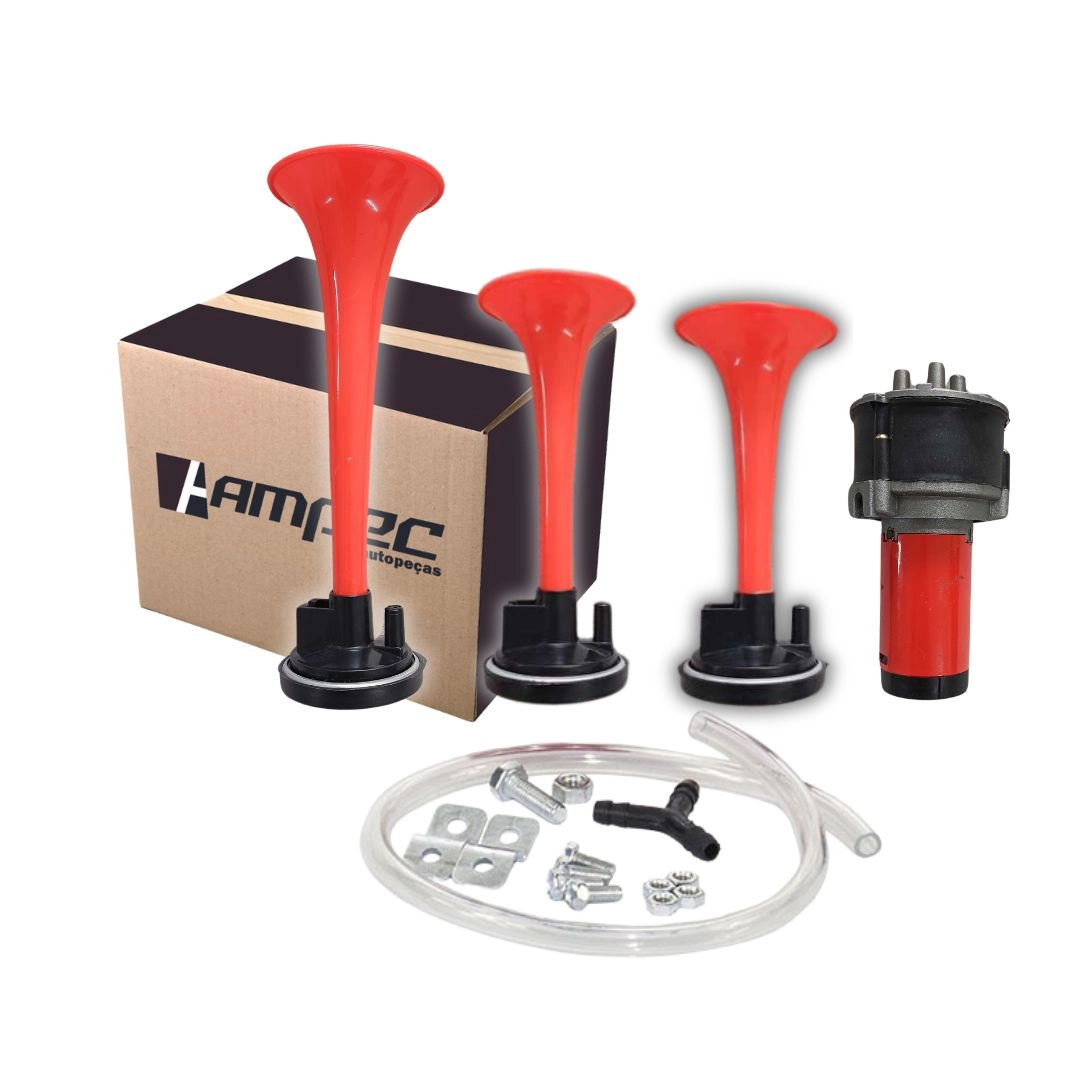 Buzina Ar Elétrica Com Compressor 3 Cornetas 12V Verdureiro