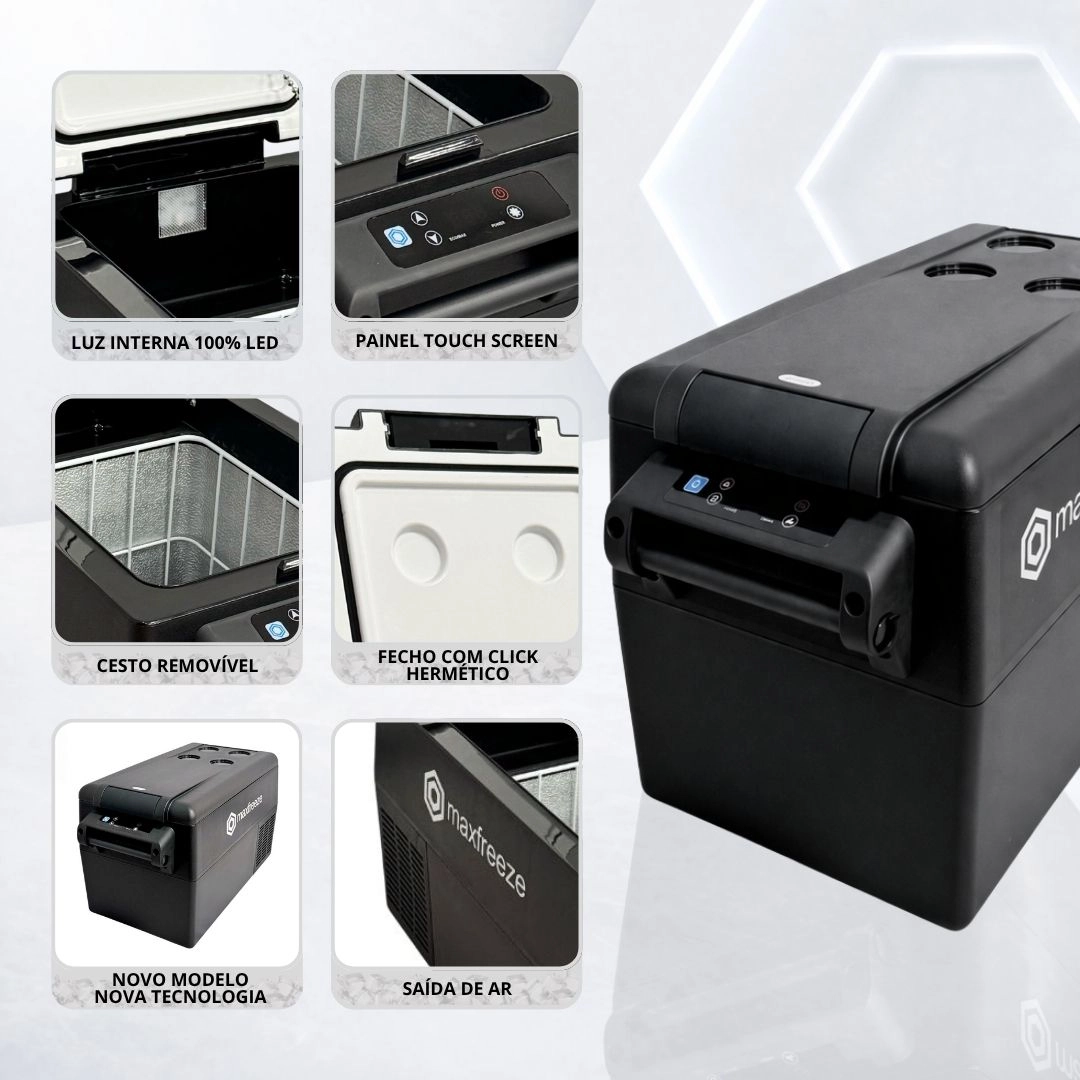 Geladeira Portátil Preta 35 Litros Freezer 12v/24v 110v/220v Caminhão Ônibus Van Carro Bluetooth Maxfreeze