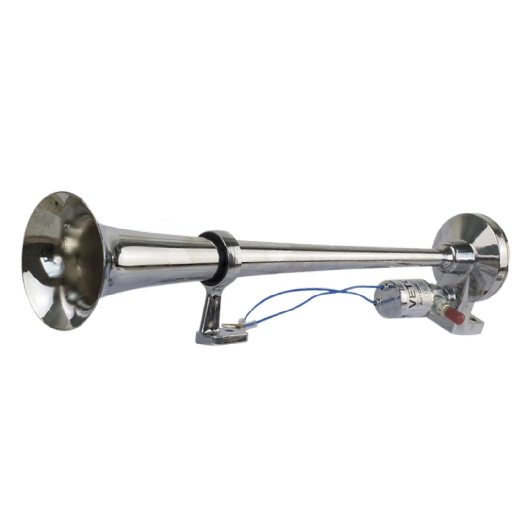 Buzina 1 Corneta 45cm Cromada Automotivas Eletropneumáticas Com Valvula Eletrica 12V/24V Bivolt VETOR Buzina 1 Corneta 45cm Cromada Automotivas Eletropneumáticas Com Valvula Eletrica 12V/24V Bivolt VETOR