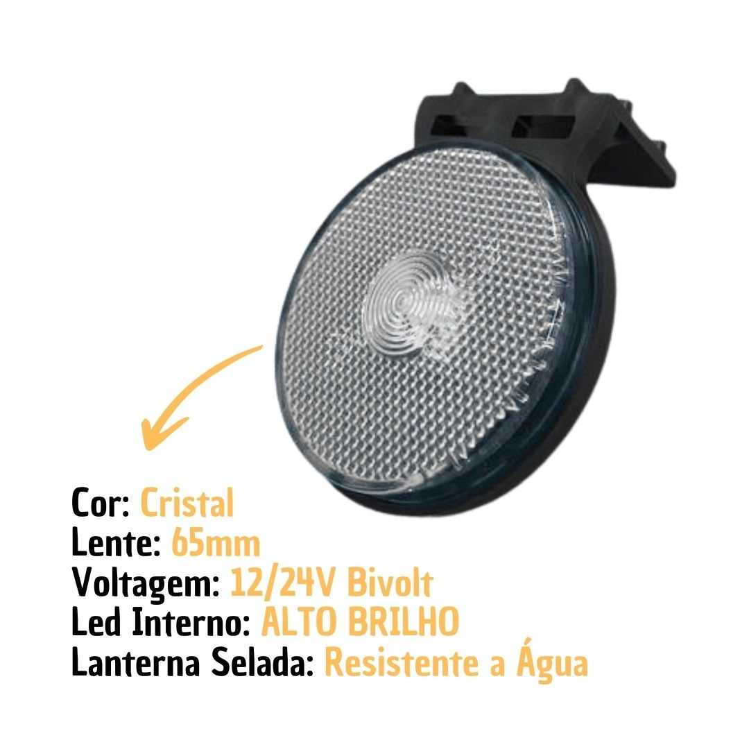 Lanterna Lateral Implemento P 65mm Com Suporte LED Cristal Para Carreta Caminhão Trailer Reboque