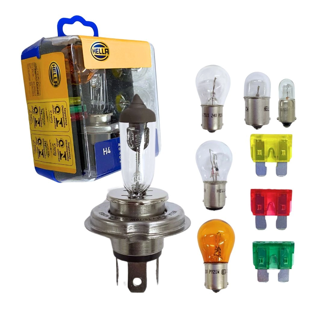 Kit Lampadas H4 12v Farol Seta Re Fusivel 9 Pçs Hella Kit Lampadas H4 12v Farol Seta Re Fusivel 9 Pçs Hella