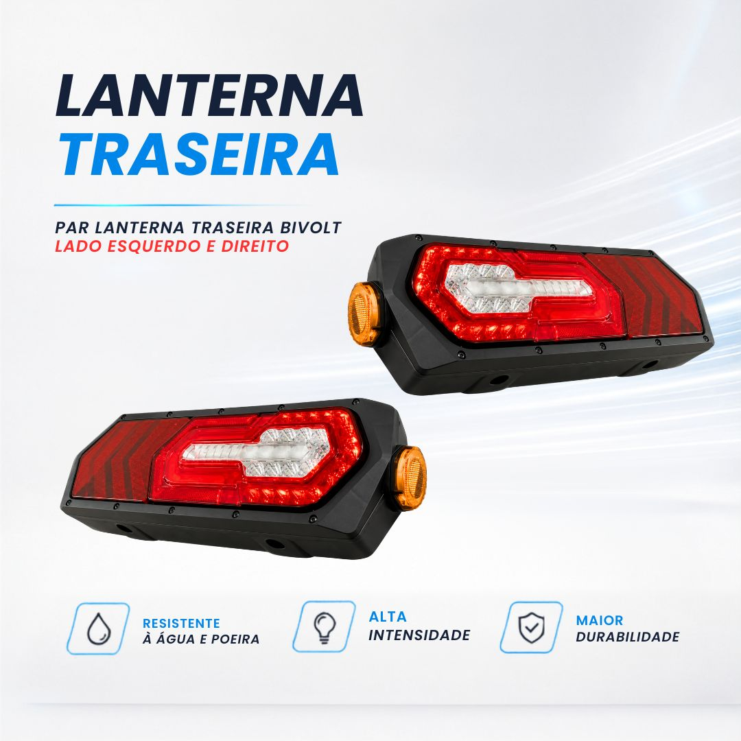 Par de Lanternas Traseiras LED Bivolt 12V 24V Com Guia de Luz e Seta Sequencial Para Caminhões Carretas e Implementos