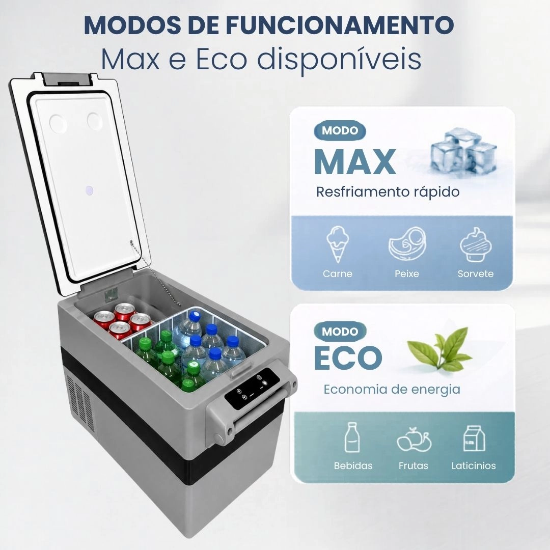 Geladeira Portátil 55L 12/24V 110/220V Caminhão Ônibus Van Camping Barco Lancha Pesca Maxfreeze