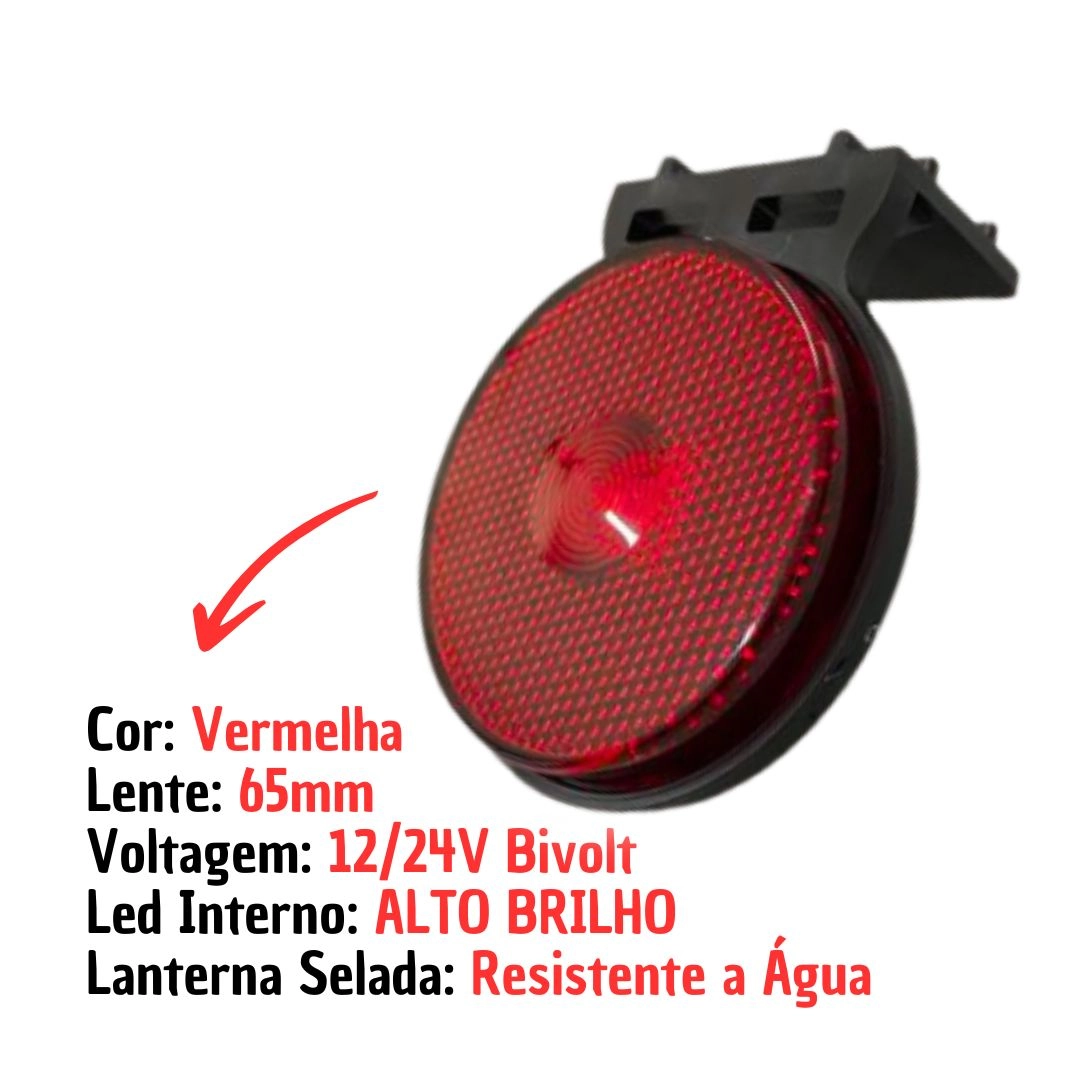 Lanterna Lateral Implemento P 65mm Com Suporte LED Vermelha Para Carreta Caminhão Trailer Reboque