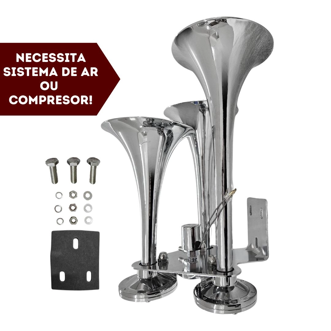 Buzina Marítima 3 Cornetas Cromada 12/24v Universal Para Navio Barco Iate Caminhão Gauss GB1043