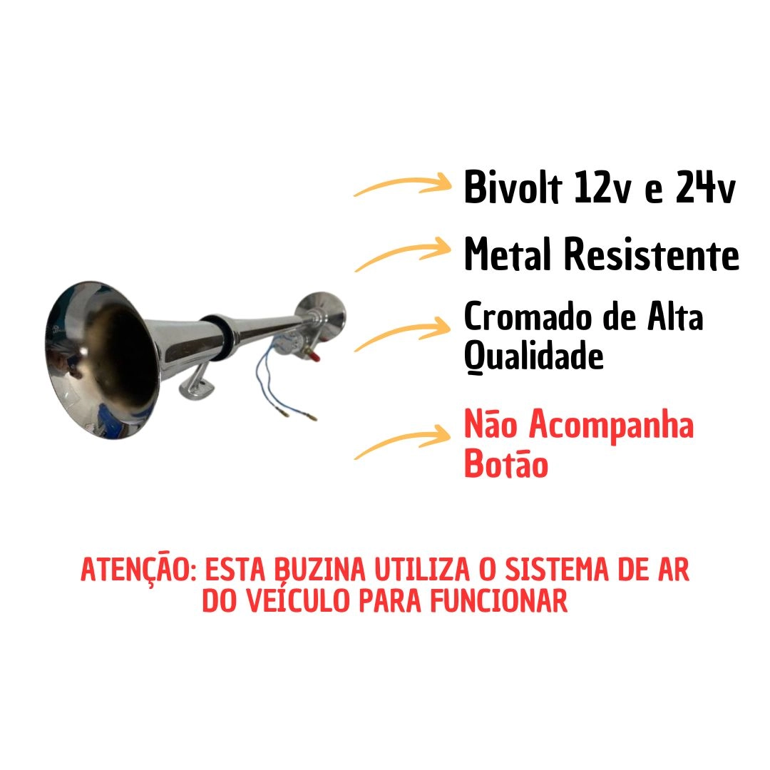 Buzina 1 Corneta 45cm Cromada Automotivas Eletropneumáticas Com Valvula Eletrica 12V/24V Bivolt VETOR Buzina 1 Corneta 45cm Cromada Automotivas Eletropneumáticas Com Valvula Eletrica 12V/24V Bivolt VETOR