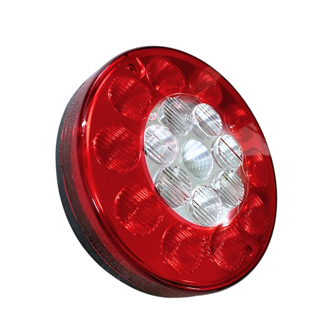 Lanterna Traseira LED Redonda Bivolt 135mm 4 Vias Posição Freio Ré Universal Caminhão Carreta Sinal Sul
