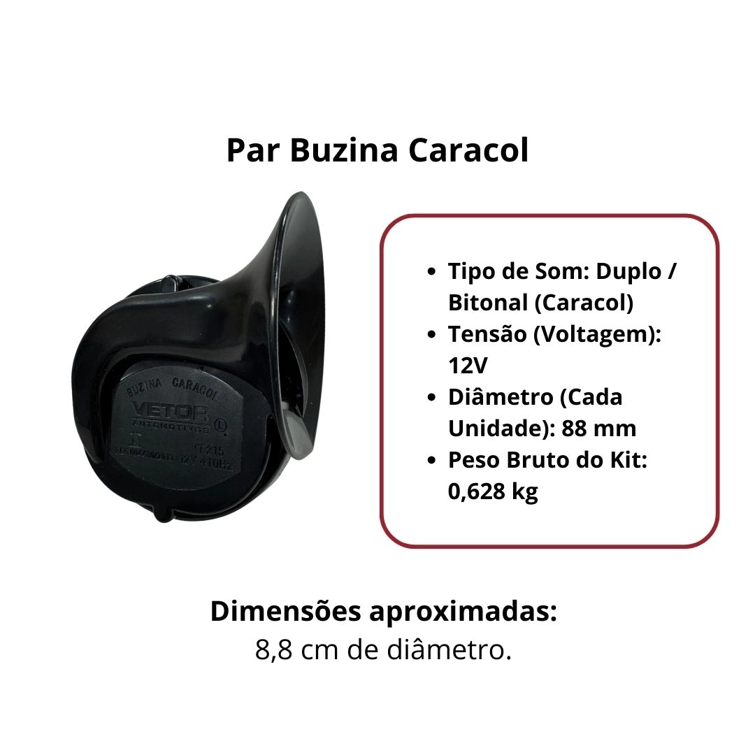 Par Buzina Caracol Para Carro Universal Grave/Agudo 12v Universal Original Vetor VT215