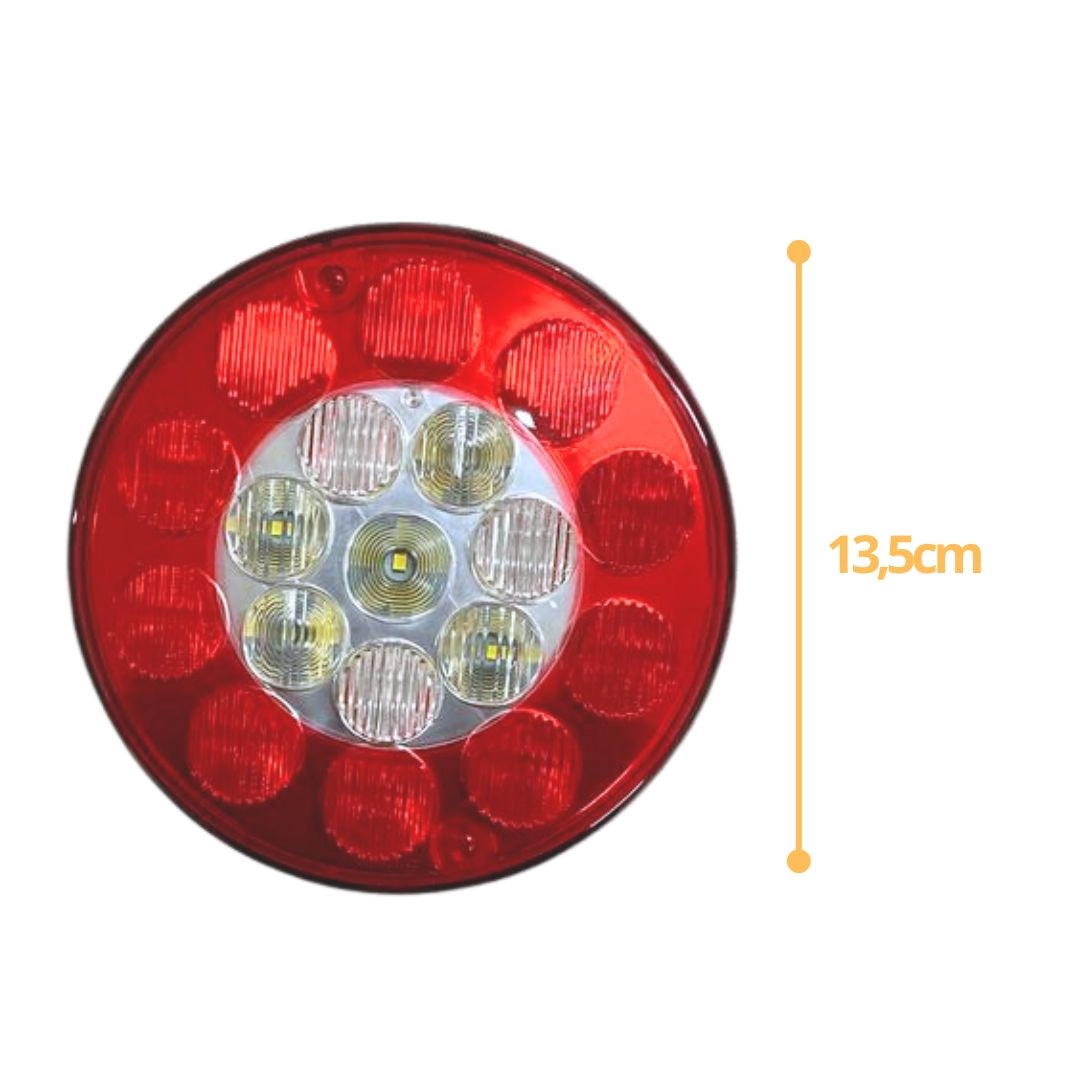 Lanterna Traseira LED Redonda Bivolt 135mm 4 Vias Posição Freio Ré Universal Caminhão Carreta Sinal Sul