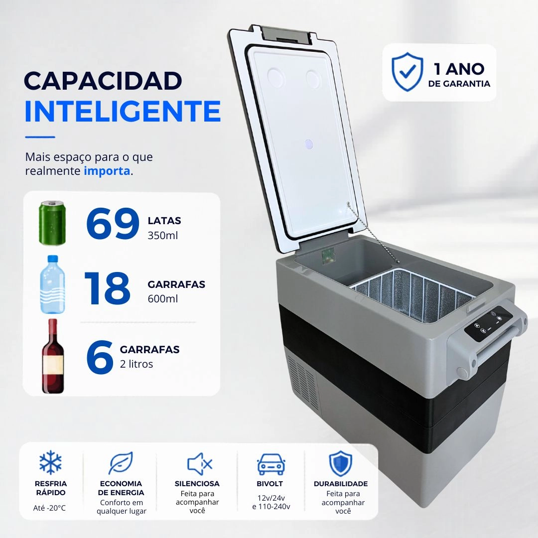 Geladeira Portátil 55L 12/24V 110/220V Caminhão Ônibus Van Camping Barco Lancha Pesca Maxfreeze