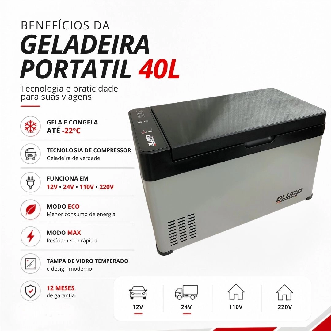 Geladeira Portátil 40 Litros 12V/24V 110v/220v Caminhão Ônibus Van Camping Barco Lancha Pesca Geladeira Portátil 40 Litros 12V/24V 110v/220v Caminhão Ônibus Van Camping Barco Lancha Pesca