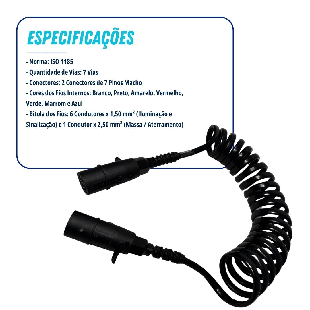 Par Chicote Elétrico Espiral Cavalo Carreta 2 Unidades 7 Vias 7 Polos 4,5 Metros Tomada ISO 1185 Cavalinho Semirreboque Par Chicote Elétrico Espiral Cavalo Carreta 2 Unidades 7 Vias 7 Polos 4,5 Metros Tomada ISO 1185 Cavalinho Semirreboque