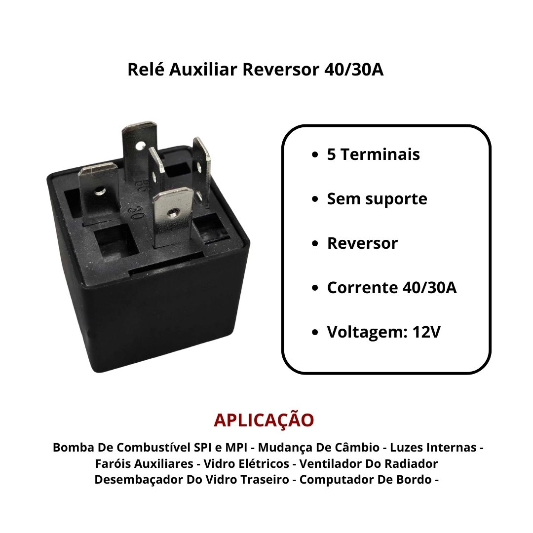 Relé Auxiliar Reversor Duplo 12v 5 Terminais 40/30A Universal Para Fiat Ford GM VW DNI0115 Relé Auxiliar Reversor Duplo 12v 5 Terminais 40/30A Universal Para Fiat Ford GM VW DNI0115