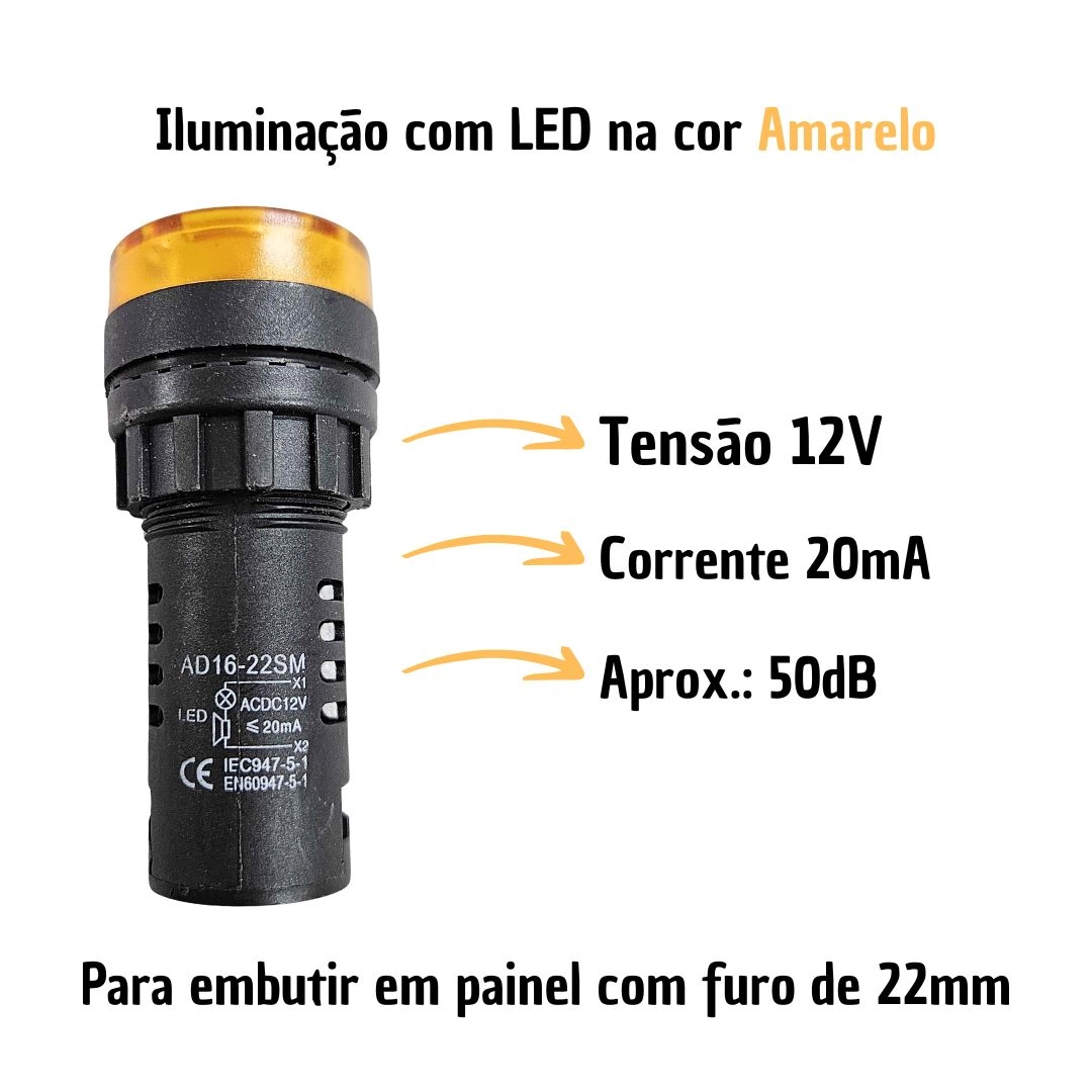 Alarme Sonoro Buzzer Sinaleiro LED Amarelo Ambar 22mm 12Vdc